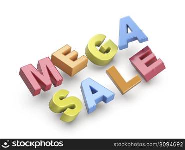Mega sale promo text with colorful letters on white background