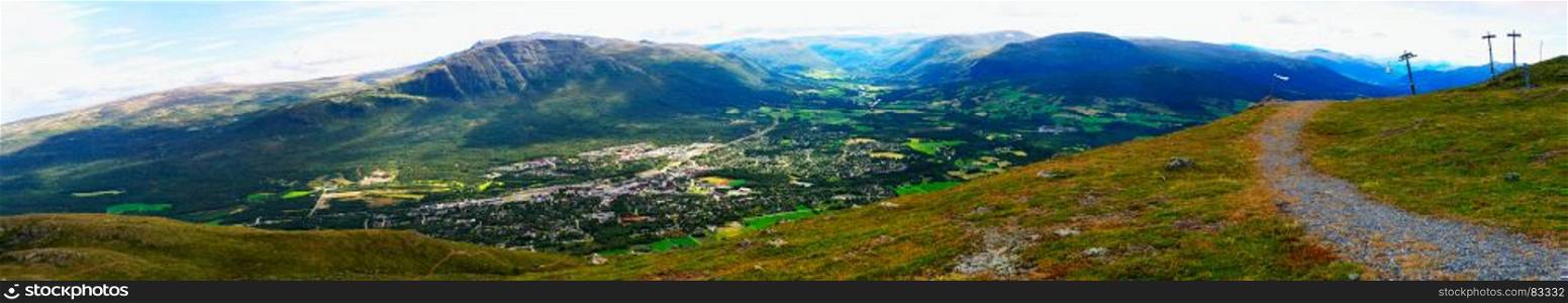 Mega wide panorama of Oppdal city background. Mega wide panorama of Oppdal city background hd