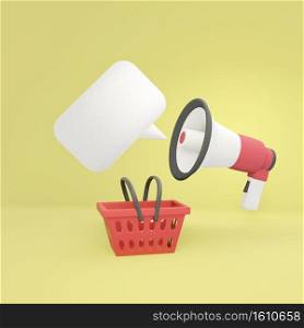 megaphone is announcing with bubble speech and red shopping basket on yellow background, 3D rendering illustration of shopping concept, sale