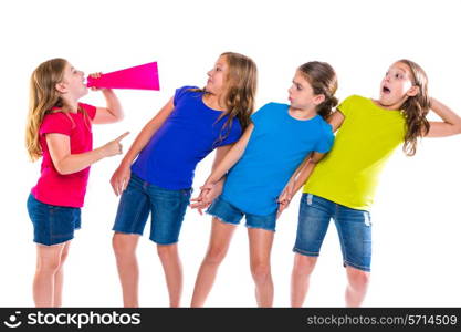 megaphone leader kid girl shouting speaking to friends on white background political leadership