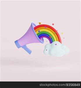 Megaphone with Rainbow Flag. Lgbt community. Loudspeaker announcing pride month.  3d render illustration.