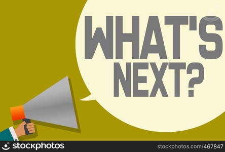 Megaphone with whats next speech bubble, 3D rendering