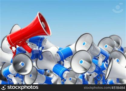 Megaphones. Promotion and advertising, digital marketing or social network. Leader of protest or revolution concept. 3d illustration