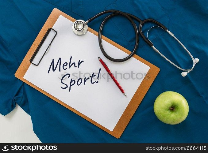 Mehr Sport (in german More sports) clipboard with stethoscope.. Mehr Sport (in german More sports) clipboard with stethoscope