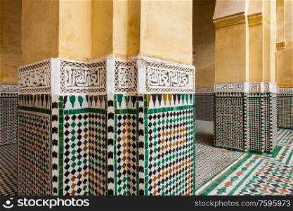 MEKNES, MOROCCO - FEBRUARY 29, 2016: Pattern design element of Mausoleum of Moulay Ismail in Meknes in Morocco. Mausoleum of Moulay Ismail is a tomb and mosque located in the Morocco city of Meknes.