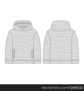 Melange fabric hoodie on white background. Technical sketch hoody for men. Technical design. Technical drawing kids clothes. Sportswear, uniform clothes. Vector fashion illustration.. Melange fabric hoodie on white background. Technical drawing kids clothes.Technical sketch hoody for men. Technical design. Sportswear, uniform clothes. Vector fashion illustration.