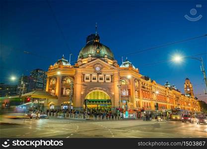 Melbourne Flinders Street Train Station in Australia at sunset