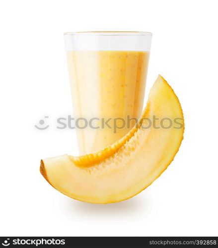 Melon yogurt or smoothie with slice of melon isolated on white background. Melon yogurt or smoothie with slice of melon