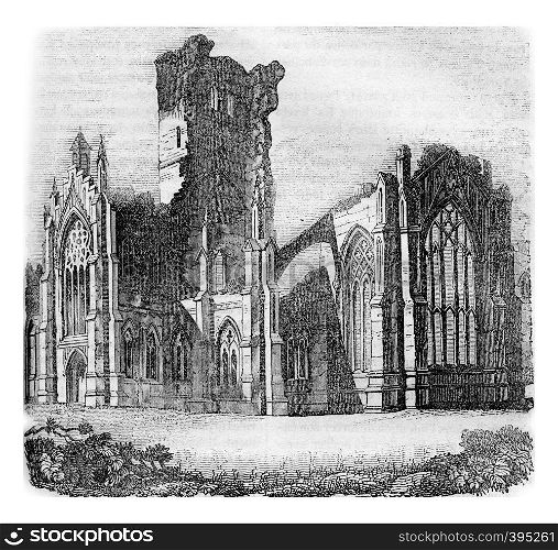 Melrose Abbey, Scotland, partly destroyed in 1650, vintage engraved illustration. Colorful History of England, 1837.