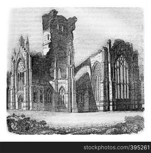 Melrose Abbey, Scotland, partly destroyed in 1650, vintage engraved illustration. Colorful History of England, 1837.