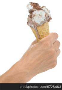 Melted Ice Cream in Waffle Cone in the Hand Isolated on White Background