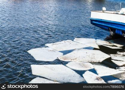 melting ice blocks in river in sunny spring day