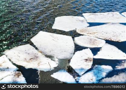 melting ice floes in river in sunny spring day