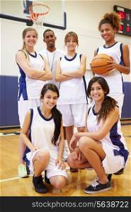 Members Of Female High School Basketball Team With Coach