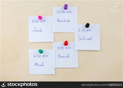 Memo notes as little white papers with appointments on pin-up board