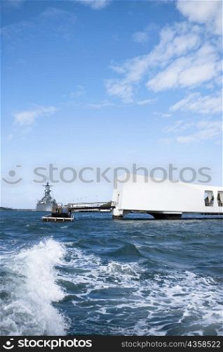 Memorial building in the sea, USS Arizona Memorial, Pearl Harbor, Honolulu, Oahu, Hawaii Islands, USA