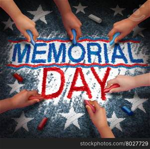 Memorial day celebration as a group of diverse people drawing red white and blue text as a patriotic American traditional text to honor veterans in a 3D illustration style.