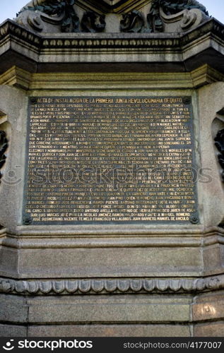 Memorial plaque at a monument, Plaza de Independencia, Historic Center, Quito, Ecuador