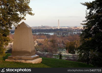 Memorial to Civil war near Arlington House in Cemetery overlooks Washington DC at sunset