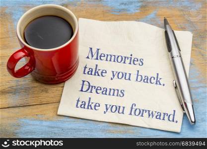 Memories take you back, dreams take you forward - inspirational handwriting on a napkin with a cup of coffee