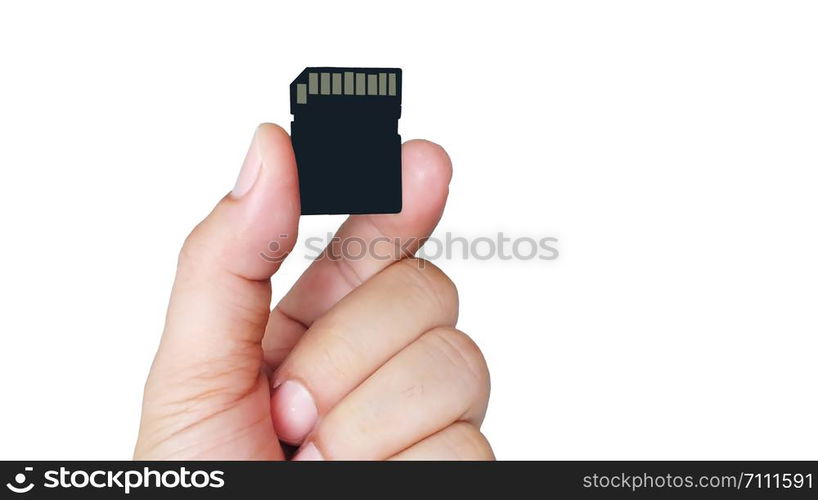 Memory card on hand isolated white background