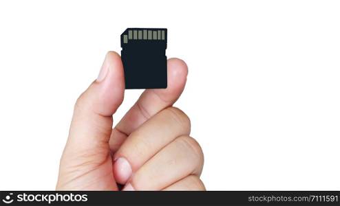 Memory card on hand isolated white background