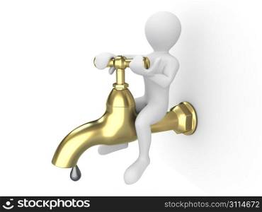 Men and tap on white isolated background. 3d
