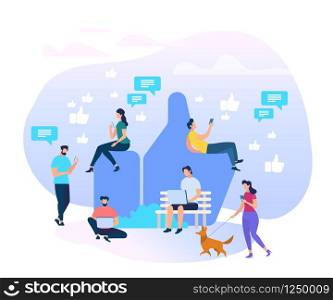 Men and Women Characters Communication via Internet Isolated on White Background. Social Networking, Chat, Video, News, Messages, Search Friends, Mobile Web Graphics. Cartoon Flat Vector Illustration;. Men and Women Characters Communication in Internet