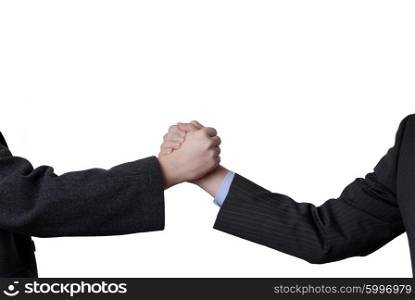 Men are shaking hands on a white background.