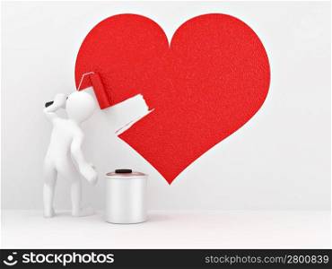 Men, drawing heart on the wall. 3d