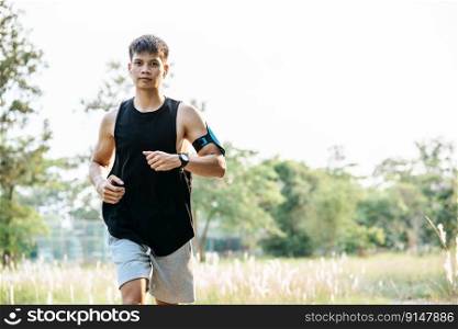 Men exercise by running on the streets with trees and flowers.