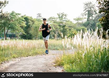 Men exercise by running on the streets with trees and flowers.