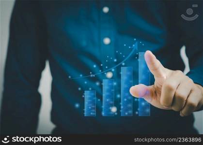Men hands touch graphs and arrows hologram virtual screen.Business digital stock investment market.