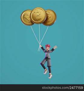 men holding crypto balloons soaring into the sky 3D, Render, illustration