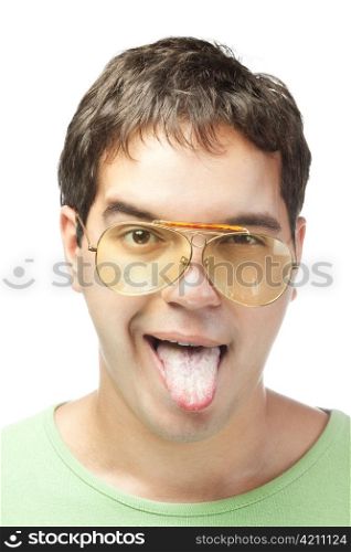men in yellow sunglasses shows tongue isolated on white background