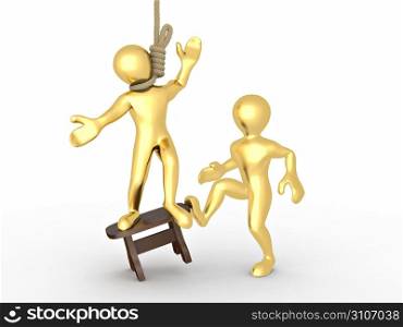 Men on the gallows and butcher on white isolated background. 3d
