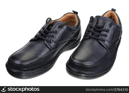 Men&rsquo;s black leather shoes with laces, isolated on a white background.