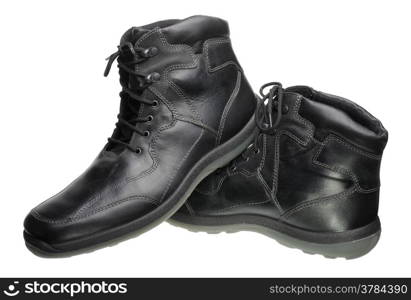 Men&rsquo;s black leather shoes with laces, isolated on a white background.