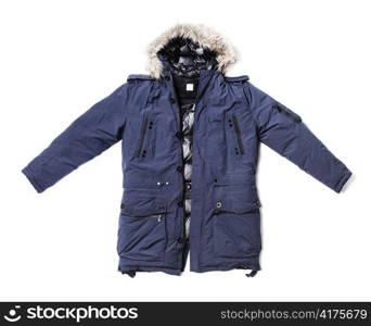 Men&rsquo;s blue down lined winter parka isolated on white with natural shadows.