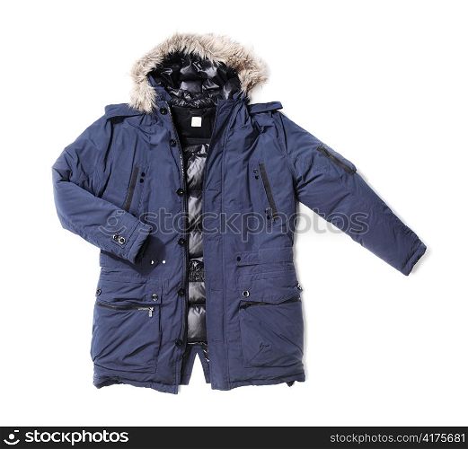 Men&rsquo;s blue down lined winter parka isolated on white with natural shadows.