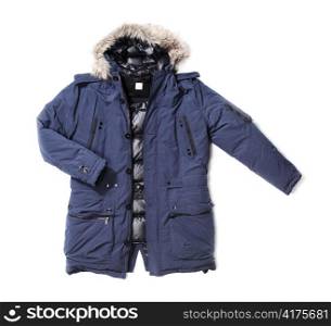 Men&rsquo;s blue down lined winter parka isolated on white with natural shadows.