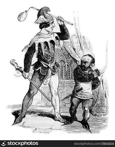 Men's costumes in the fourteenth century fool and dwarf, vintage engraved illustration. Colorful History of England, 1837.