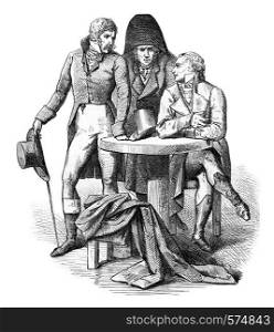 Men's costumes of the year 1798, vintage engraved illustration. Magasin Pittoresque 1880.