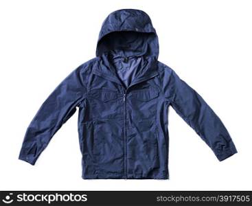 Men&rsquo;s dark blue hooded windproof jacket isolated on white with natural shadows.