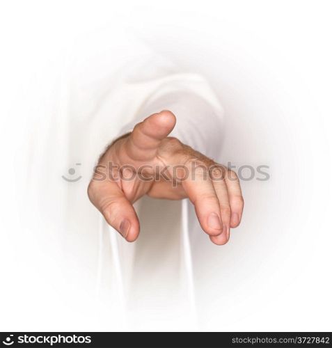 Men&rsquo;s hand in a white robe showing something