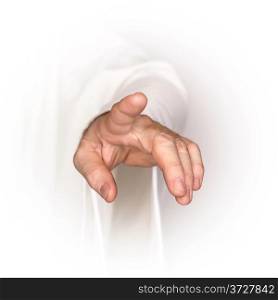 Men&rsquo;s hand in a white robe showing something