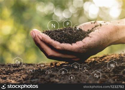 Men&rsquo;s hands are surrounded by rich soil with all the elements needed to grow, while digital icons represent the elements.