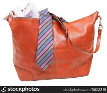 men&rsquo;s leather bag with shirt and tie isolated on white background