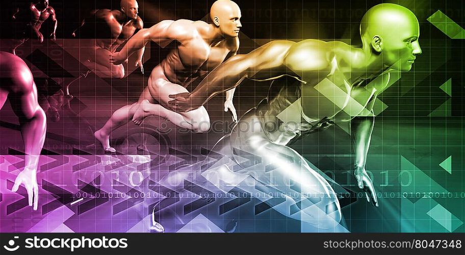 Men Running in Technology Background as a Concept. Men Running in Technology Background