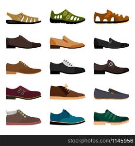 Men shoes isolated on white background. Vector vogue winter leather and summer fashion model man shoe collection illustration. Men shoes collection